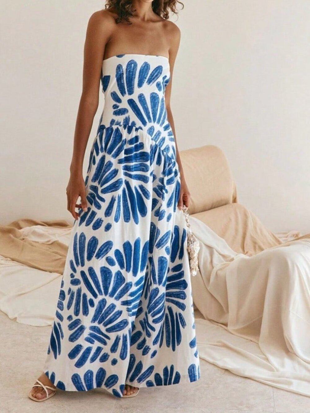 Blue Casual Women's A-Line Abstract Print Maxi Sundress